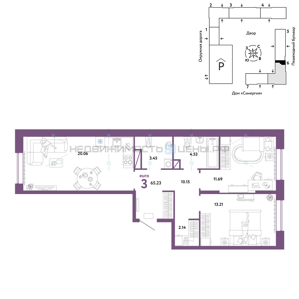 3 комн., 65.23м2, 7/16, Юнион, Тюмень