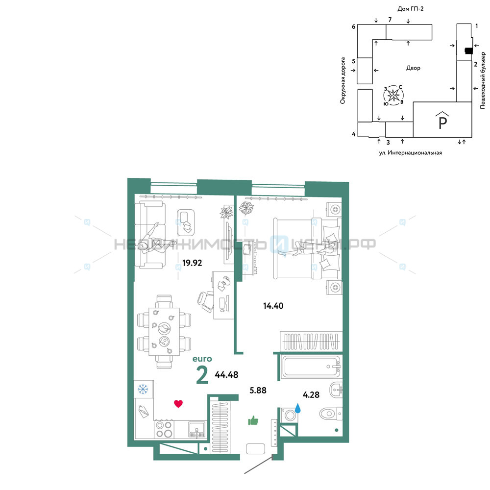 2 комн., 44.48м2, 6/16, Юнион, Тюмень