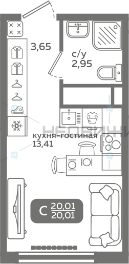 1 комн., 20.01м2, 16/21, Меридиан Слобода, Тюмень
