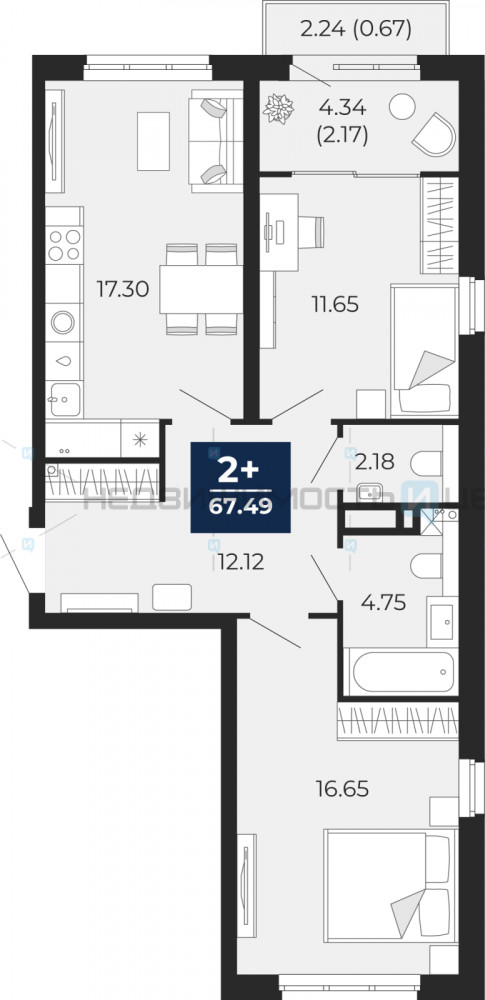 2 комн., 71.23м2, 20/21, Тюмень