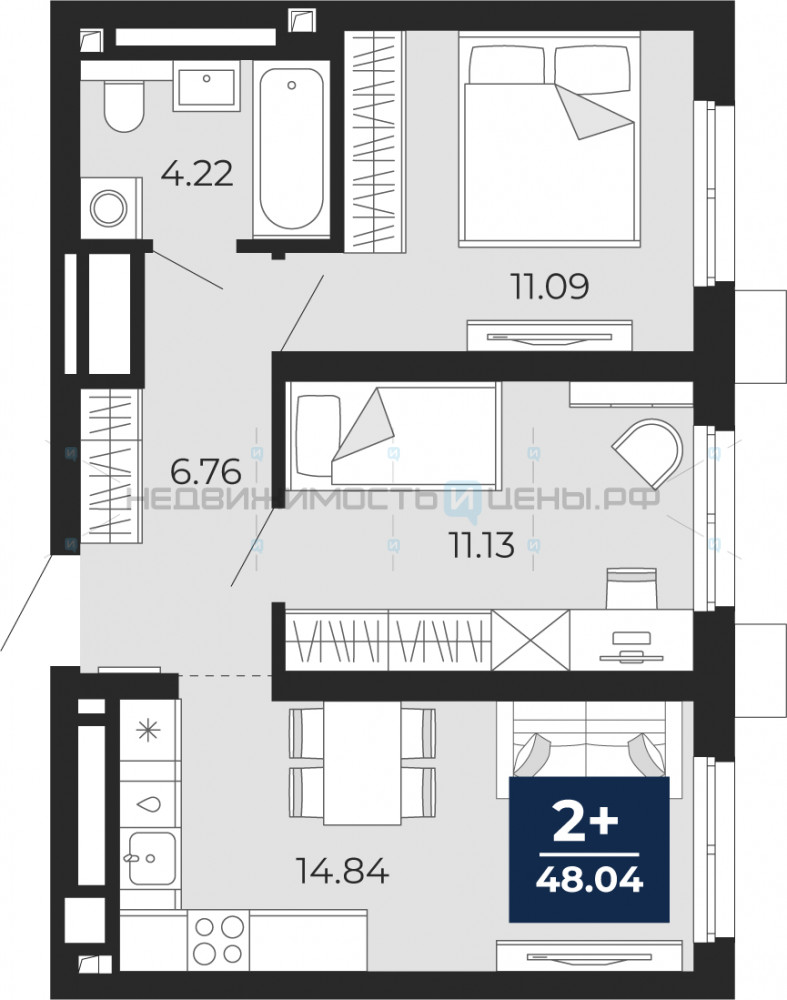 2 комн., 48.04м2, 1/19, Тюмень