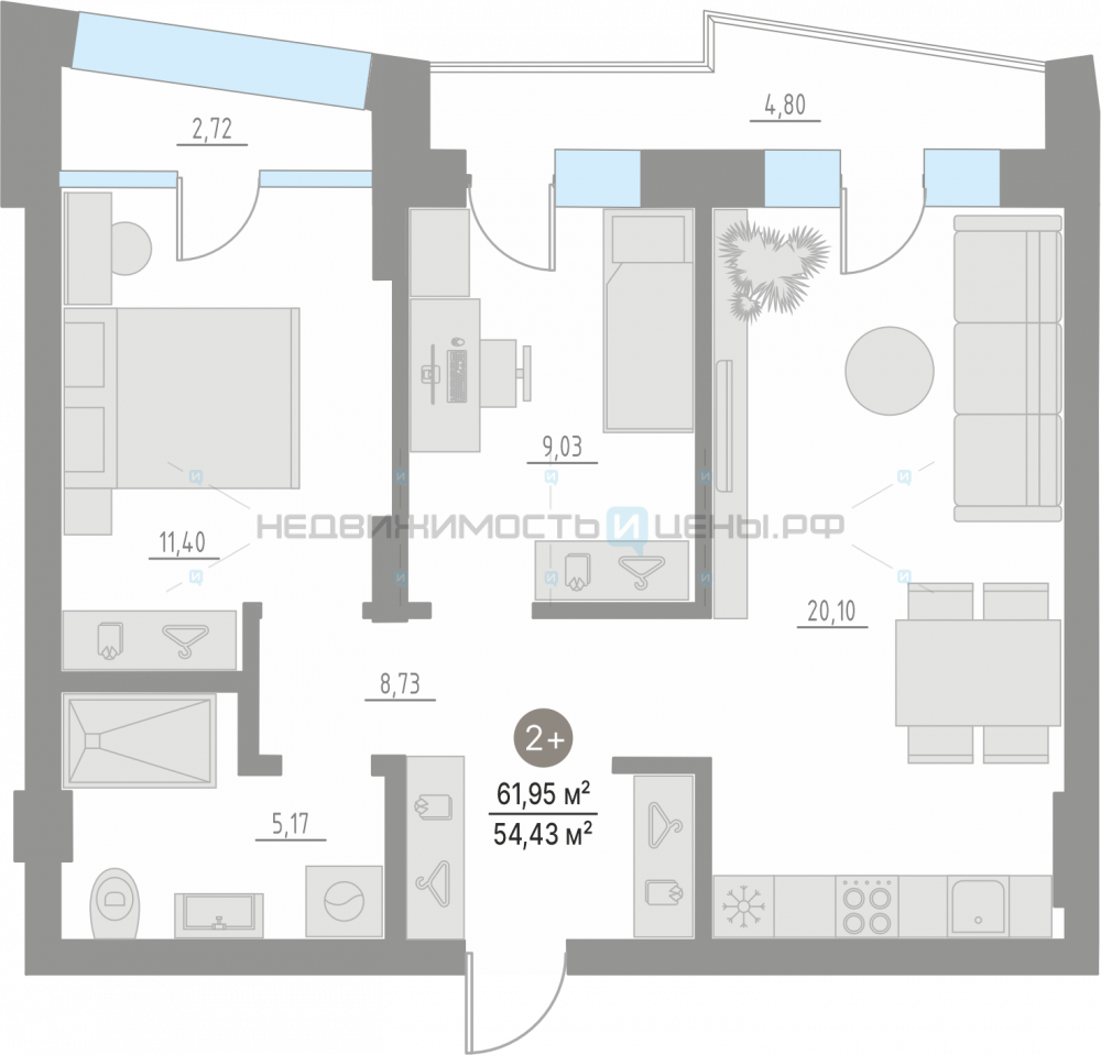 2 комн., 61.95м2, 2/4, Кипрея. Квартиры, Тюмень