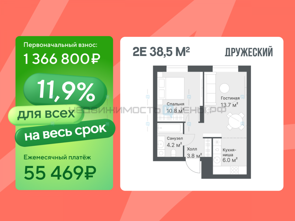 2 комн., 38.1м2, 14/14, Дружеский, Тюмень
