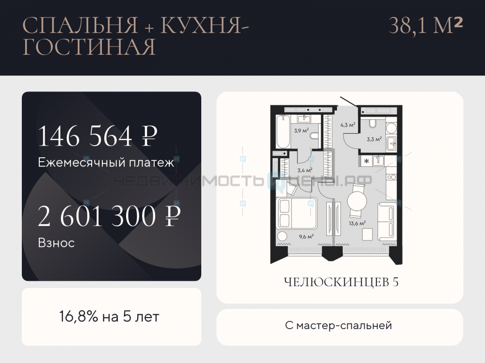 1 комн., 38.1м2, 3/9, Челюскинцев 5, Тюмень
