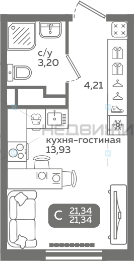1 комн., 21.34м2, 9/21, Меридиан Слобода, Тюмень