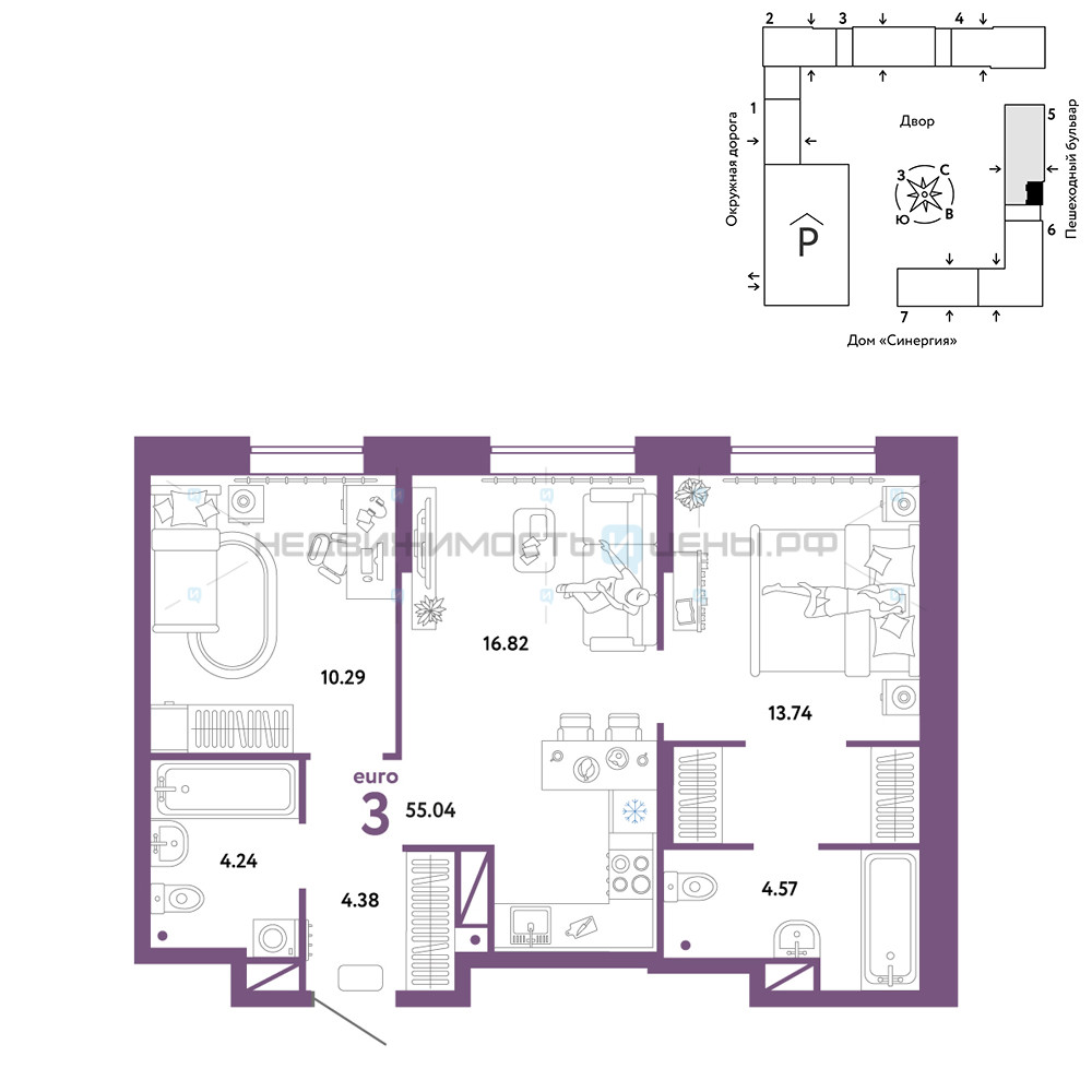 3 комн., 54.04м2, 16/16, Юнион, Тюмень