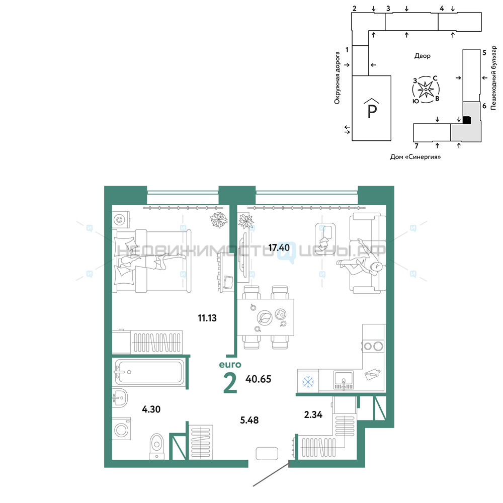 2 комн., 40.65м2, 10/16, Юнион, Тюмень
