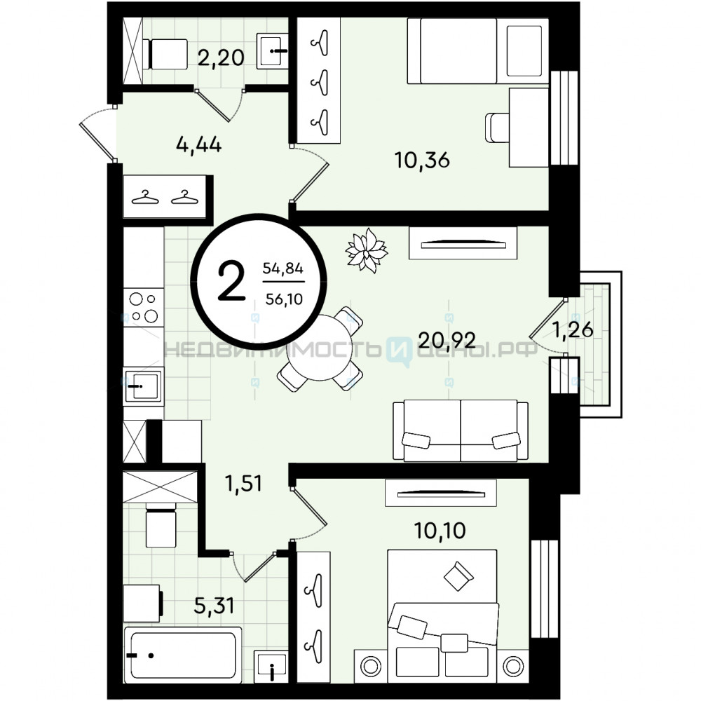 2 комн., 56.1м2, 3/4, Зеленые Аллеи, Тюмень
