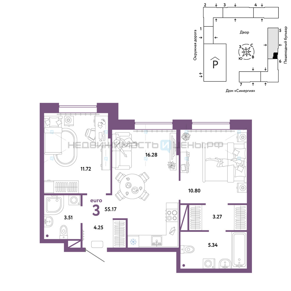 3 комн., 55.17м2, 14/16, Юнион, Тюмень