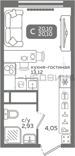 1 комн., 20.1м2, 10/21, Меридиан Слобода, Тюмень