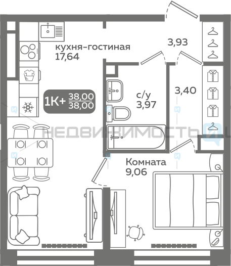 1 комн., 38м2, 2/21, Меридиан Слобода, Тюмень