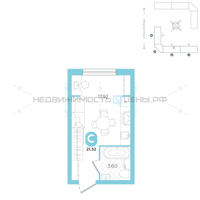Студия, 21.52м2, 5/5, Счастье, Тюмень