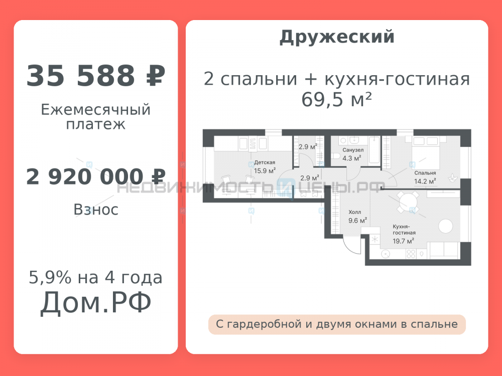 2 комн., 69.5м2, 8/8, Дружеский, Тюмень
