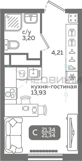 1 комн., 21.34м2, 4/21, Меридиан Слобода, Тюмень