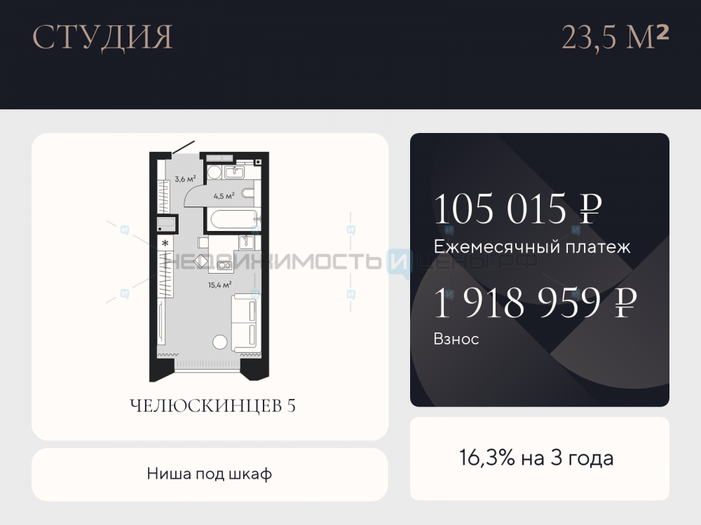 Студия, 23.5м2, 8/9, Челюскинцев 5, Тюмень