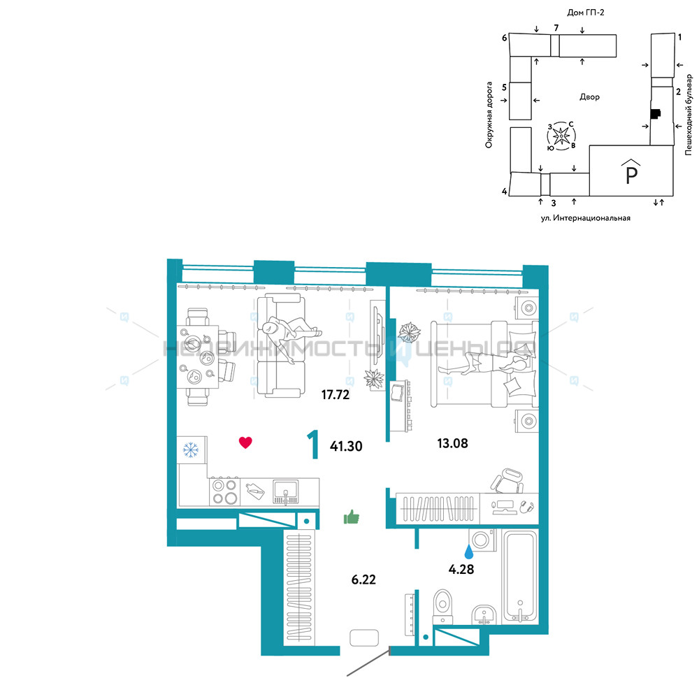 1 комн., 41.3м2, 13/16, Юнион, Тюмень