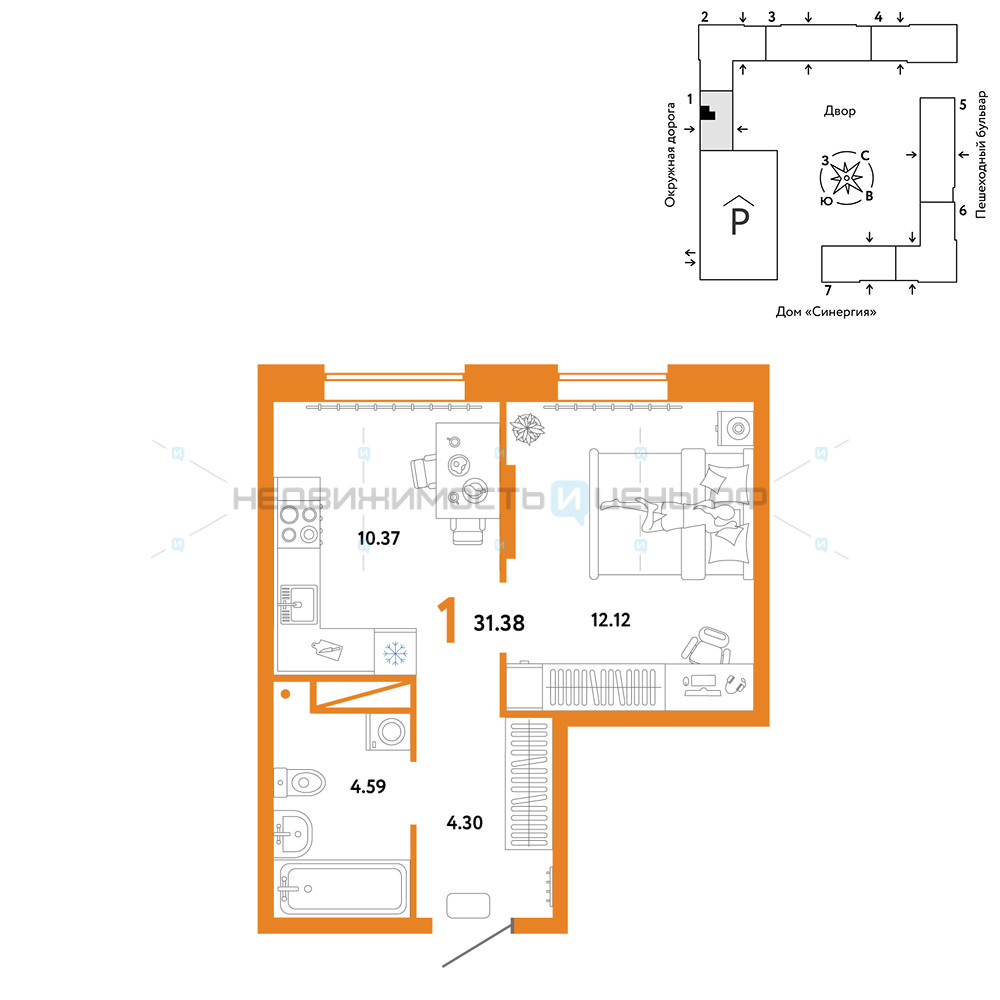 1 комн., 31.38м2, 12/16, Юнион, Тюмень