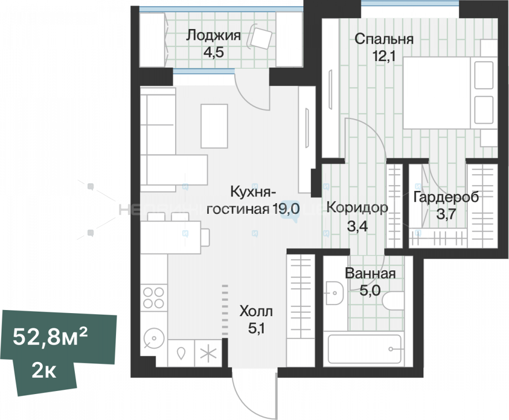 1 комн., 50.54м2, 3/4, Эклипт, Тюмень