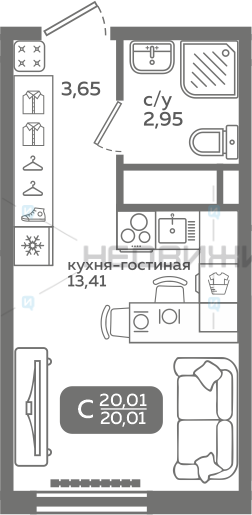 1 комн., 20.01м2, 10/21, Меридиан Слобода, Тюмень