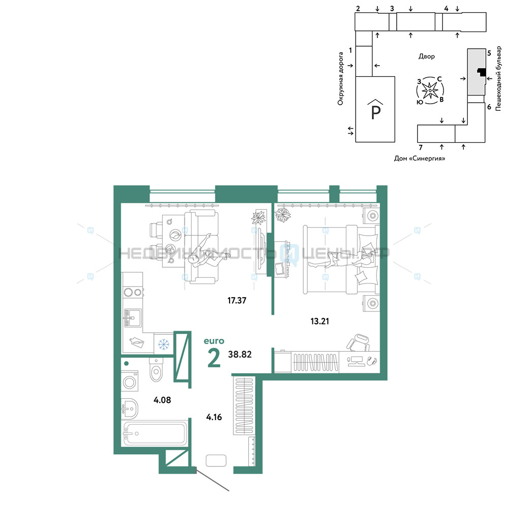 2 комн., 38.82м2, 16/16, Юнион, Тюмень