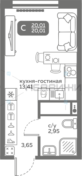 1 комн., 20.01м2, 15/20, Меридиан Слобода, Тюмень