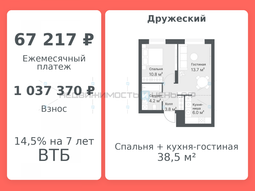 2 комн., 38.5м2, 14/14, Дружеский, Тюмень