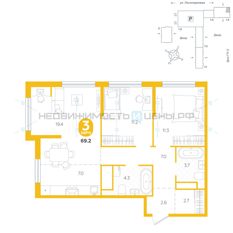 3 комн., 69.2м2, 11/24, Чистые пруды, Тюмень