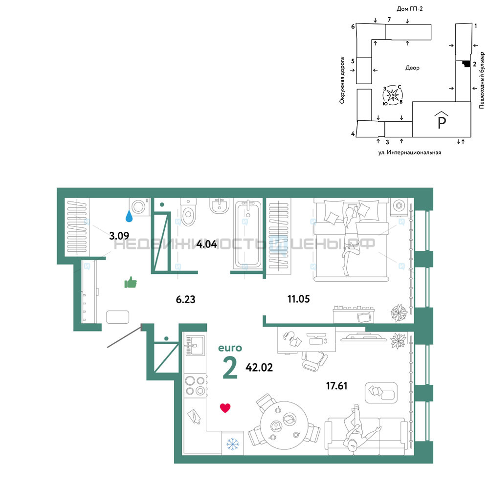 2 комн., 42.02м2, 10/16, Юнион, Тюмень