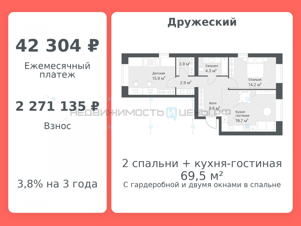 2 комн., 69.5м2, 8/8, Дружеский, Тюмень
