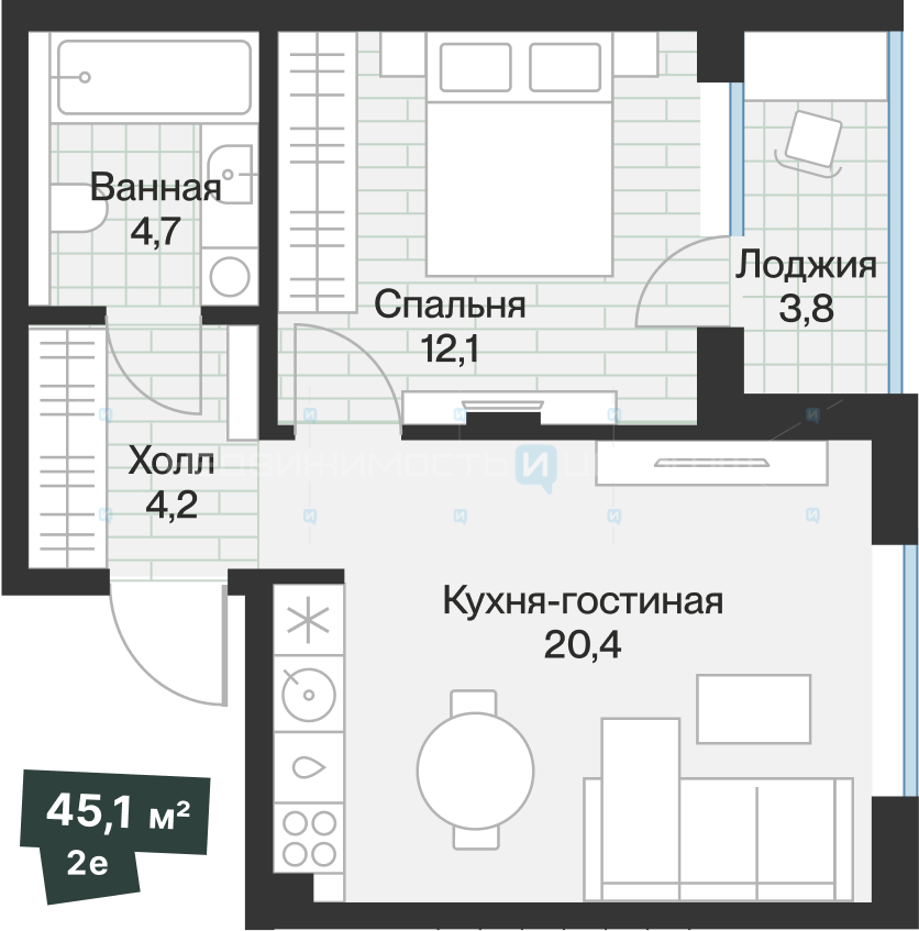 1 комн., 43.19м2, 2/4, Эклипт, Тюмень