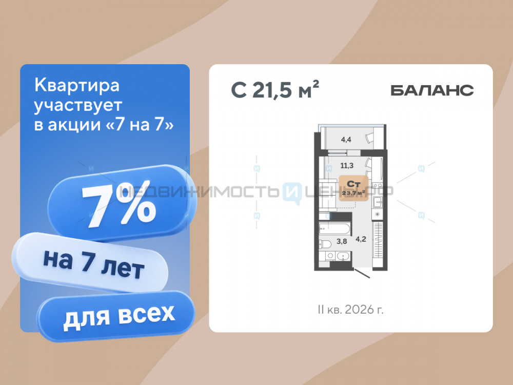 Студия, 21.5м2, 17/17, Баланс, Тюмень