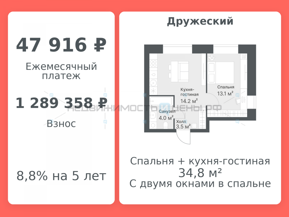 2 комн., 34.8м2, 6/8, Дружеский, Тюмень