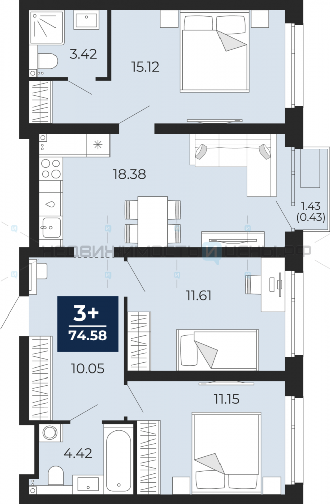 3 комн., 75.58м2, 11/14, Тюмень