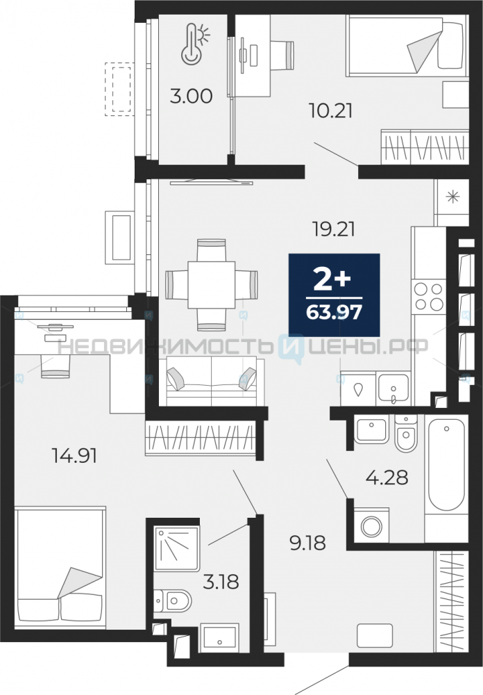 2 комн., 63.97м2, 2/24, Тюмень