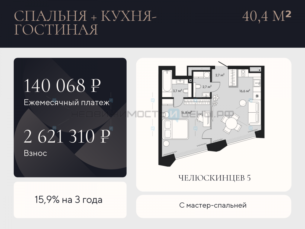 1 комн., 40.4м2, 3/9, Челюскинцев 5, Тюмень