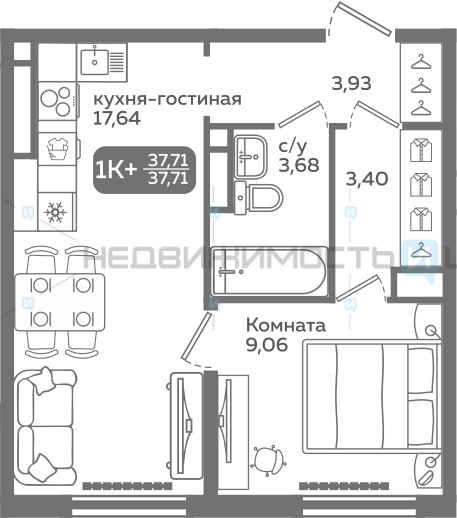 1 комн., 37.71м2, 5/21, Меридиан Слобода, Тюмень