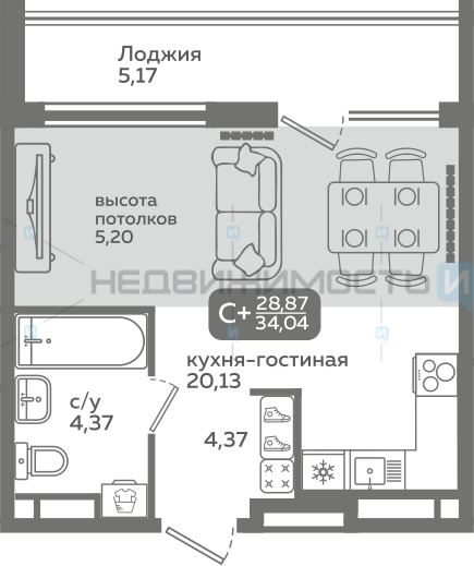 1 комн., 28.87м2, 16/21, Меридиан Слобода, Тюмень