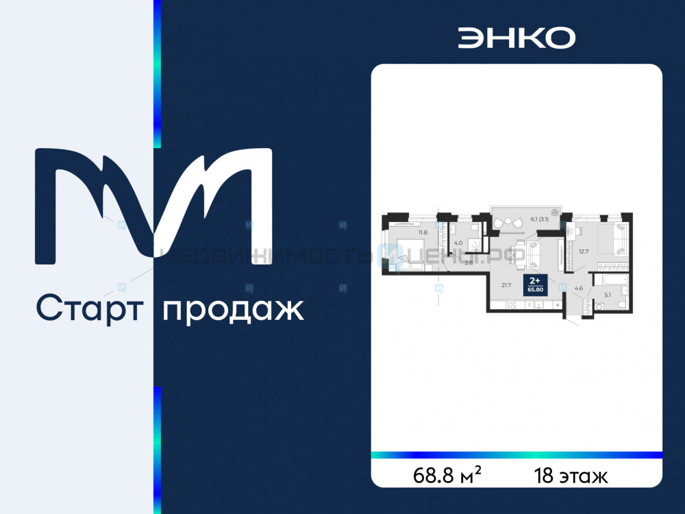 2 комн., 68.8м2, 18/18, Тюмень
