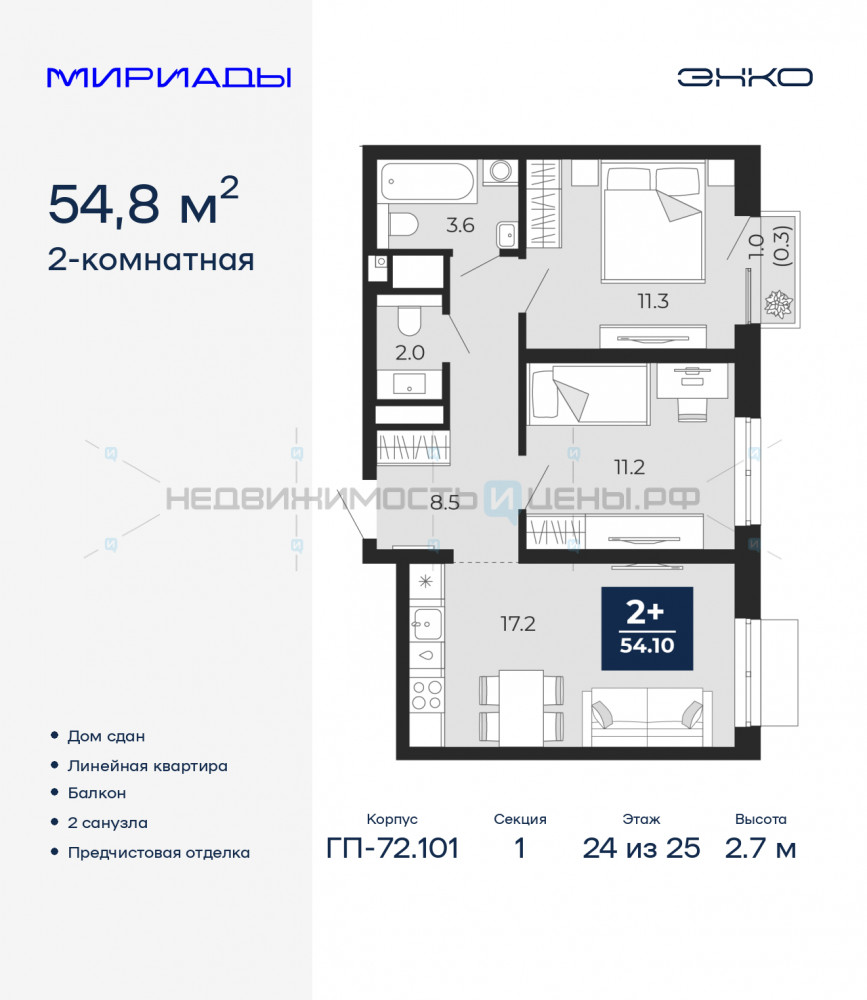 2 комн., 54.8м2, 24/25, Мириады, Тюмень