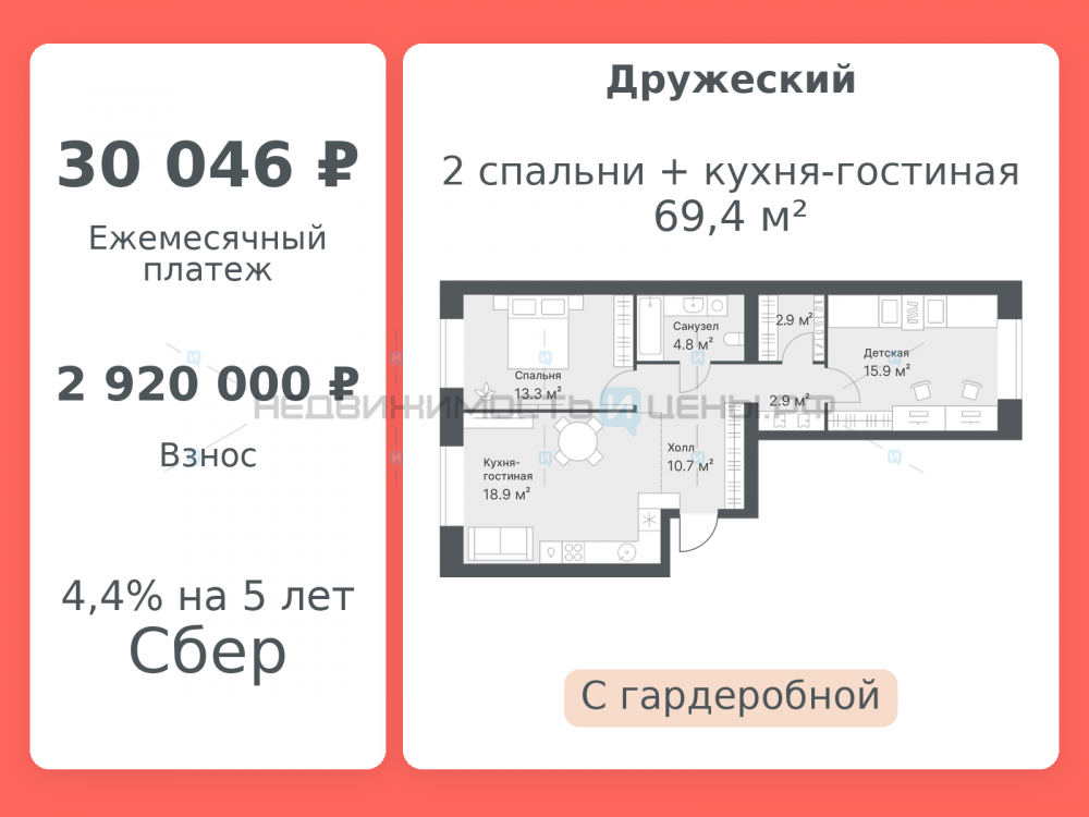 2 комн., 69.4м2, 10/14, Дружеский, Тюмень