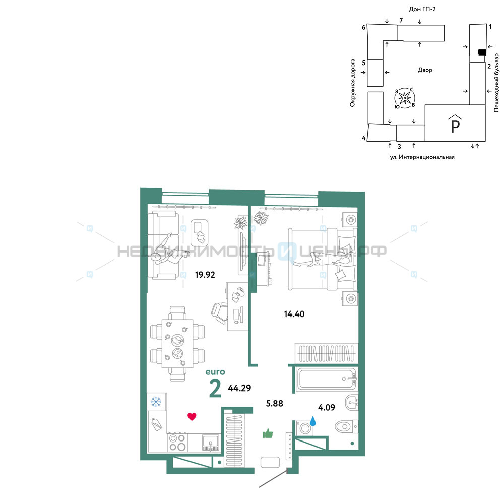 2 комн., 44.29м2, 13/16, Юнион, Тюмень