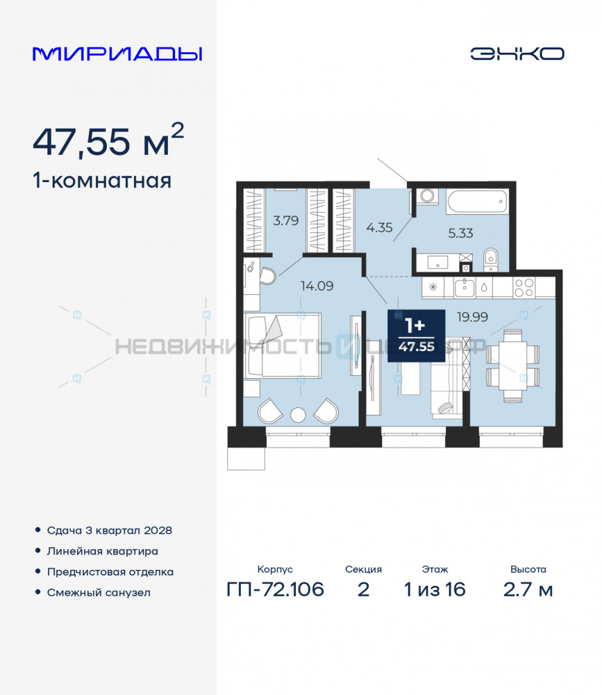 1 комн., 47.55м2, 1/16, Тюмень