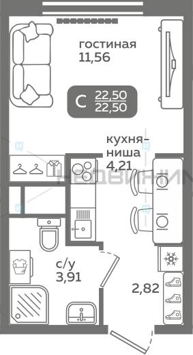 1 комн., 22.5м2, 16/21, Меридиан Слобода, Тюмень
