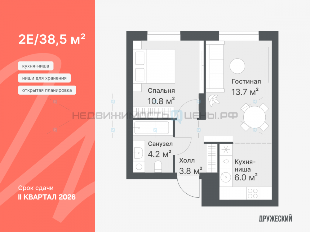 2 комн., 38.3м2, 14/14, Дружеский, Тюмень