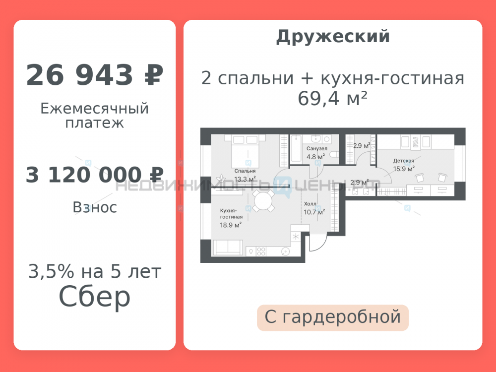 2 комн., 69.4м2, 10/14, Дружеский, Тюмень