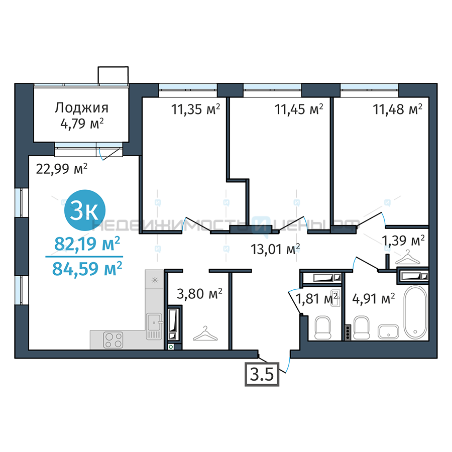 3 комн., 82.19м2, 11/24, Док (DOK), Тюмень