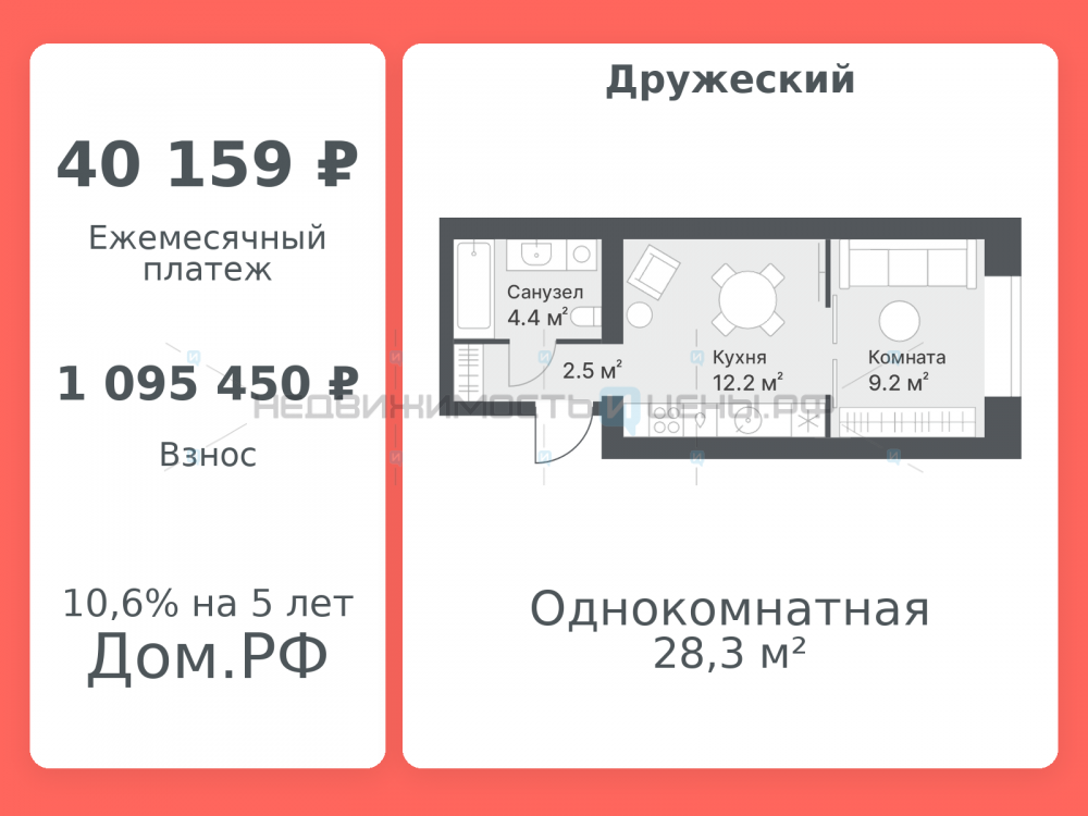 1 комн., 28.3м2, 10/14, Дружеский, Тюмень