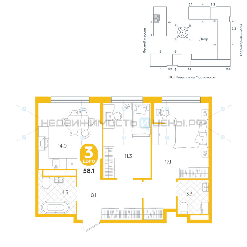 3 комн., 58.1м2, 7/15, Астро, Тюмень