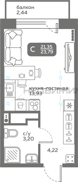 1 комн., 21.35м2, 2/20, Меридиан Слобода, Тюмень