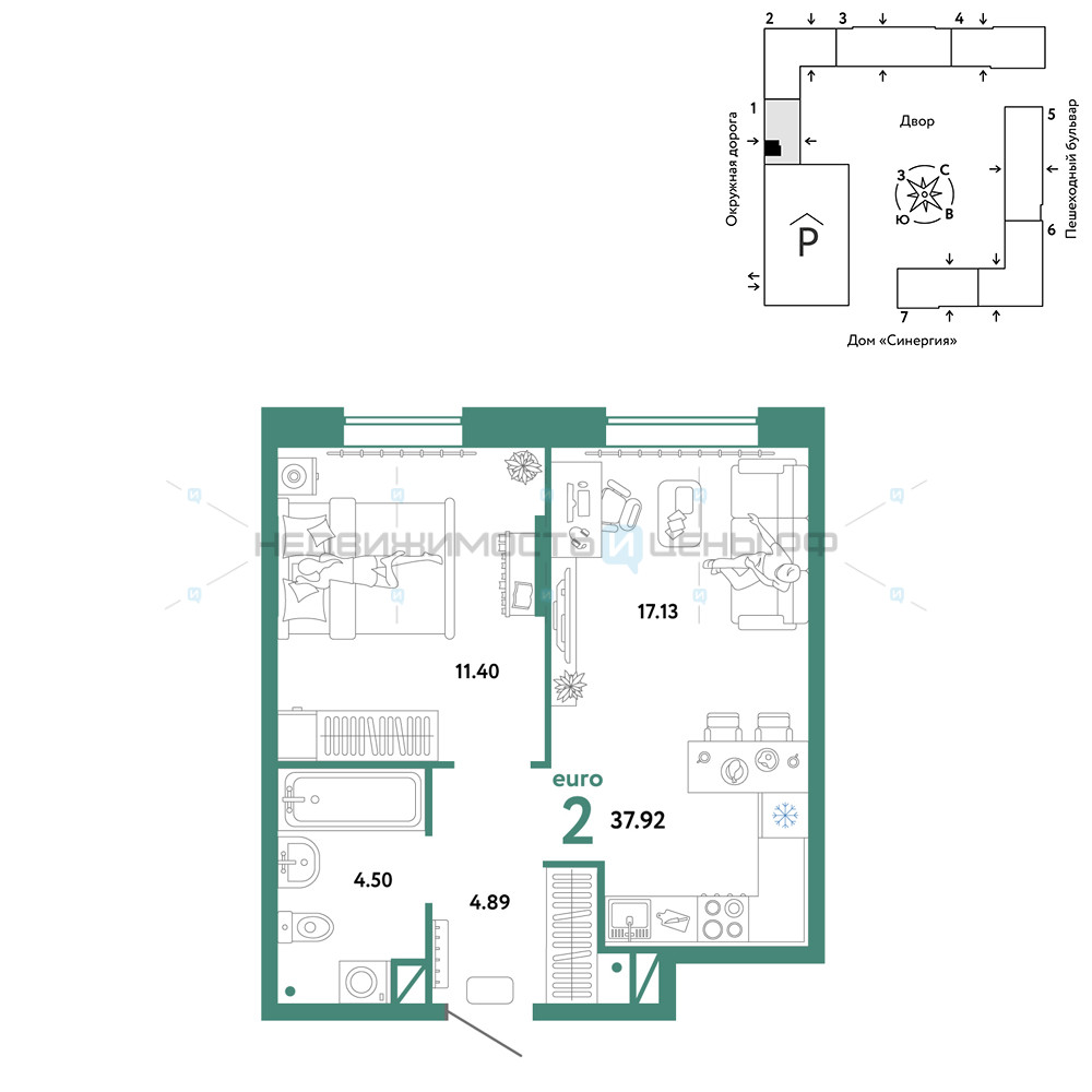 2 комн., 37.92м2, 6/16, Юнион, Тюмень